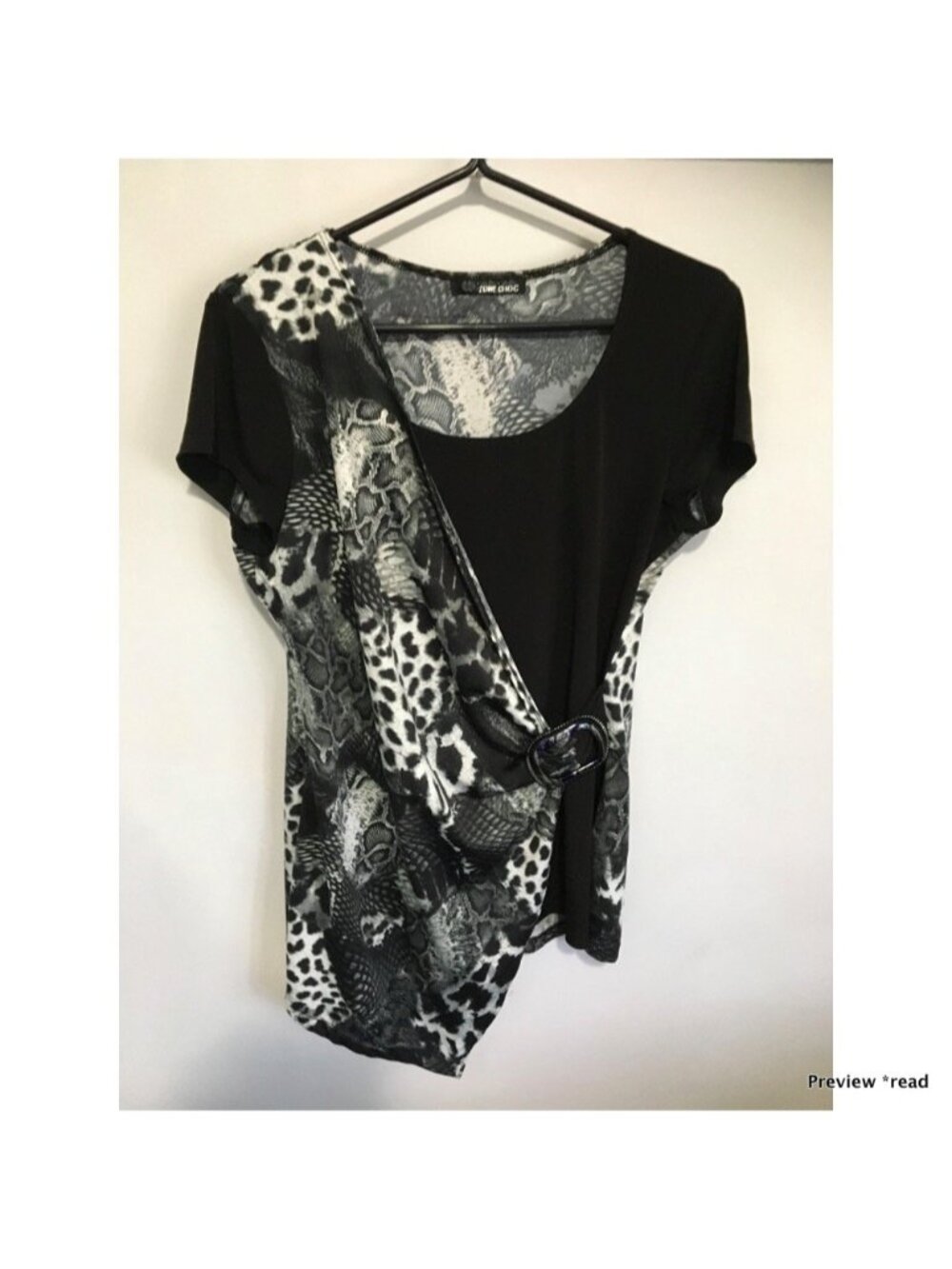 Lime Ricki Black & White Animal Print Faux-Wrap Short Sleeve Top